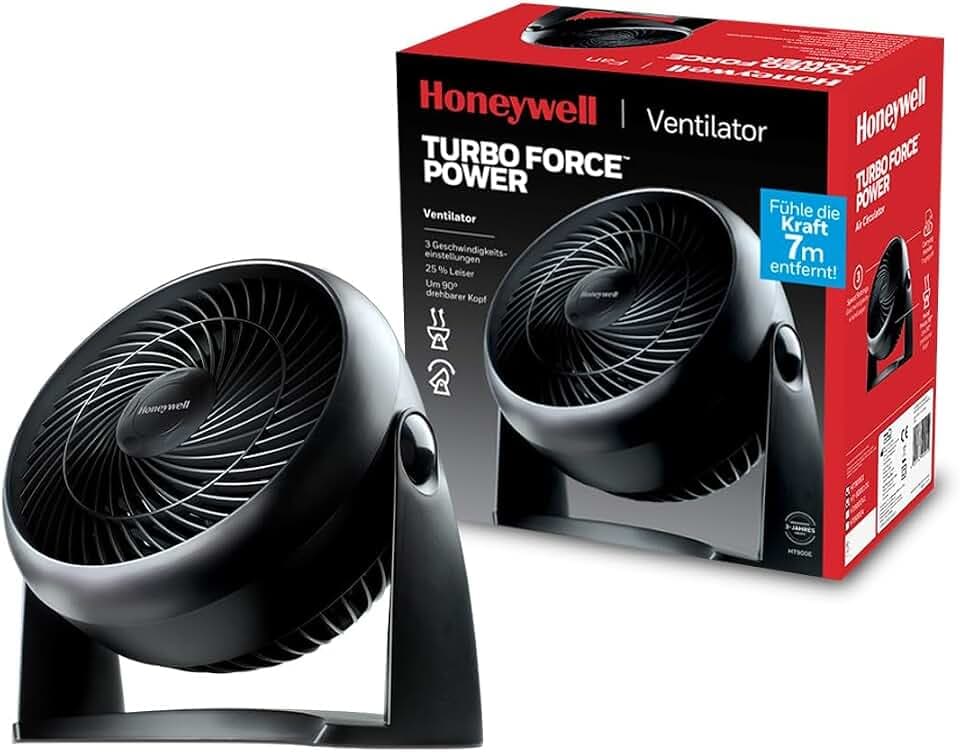 Honeywell TurboForce Turbo-Ventilator (Geräuscharme Kühlung, verstellbarer Neigungswinkel bis zu 90°, 3 Geschwindigkeitseinstellungen, Wandmontage, Tischventilator) HT900E, Schwarz