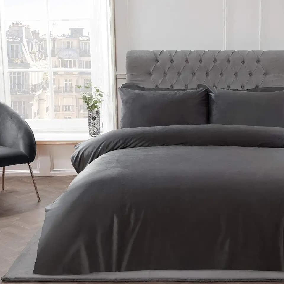 Sleepdown Bettbezug-Set mit Kissenbezügen für Doppelbett, 200 x 200 cm, Samtbezug, Anthrazit