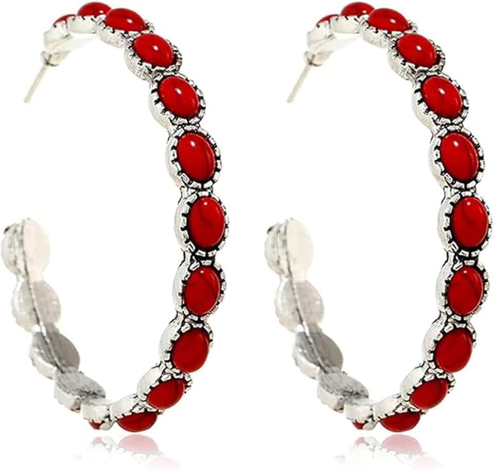 Turquoise C Shape Oval Circle Round Colorful Natural Beaded Drop Dangle Earrings for Women Bohemian Retro Vintage Ethnic Tribal Boho Western Cowgirl Statement Jewelry