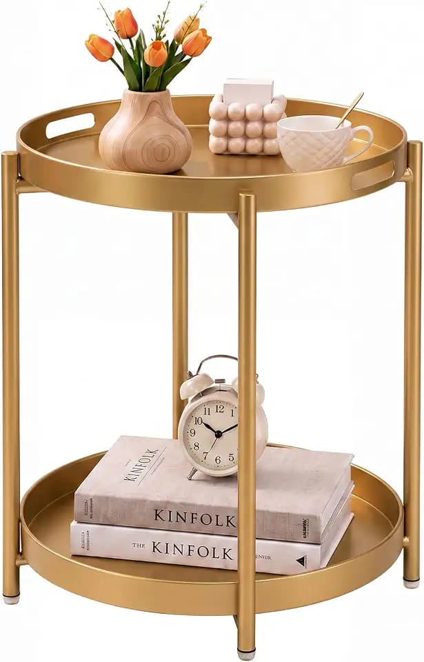 danpinera Gold Side Table, Serving Tray with Handles, Small Metal Table