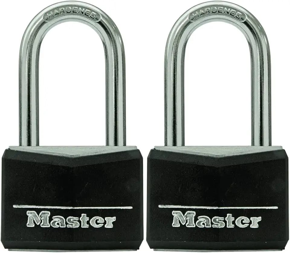 Master Lock Black Vinyl Covered Aluminum Padlock with Key, Keyed-Alike Lock for Toolboxes, Gym Lockers, or Storage Locker, 2 Pack, 141TLF