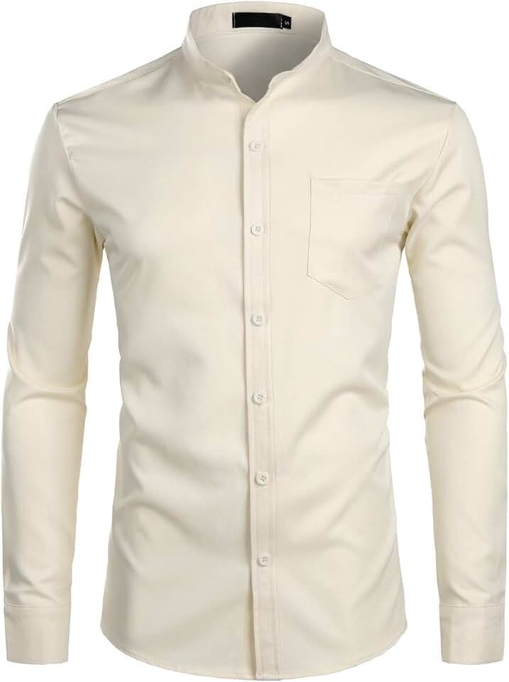 PARKLEES Herren Grandad-Kragen Slim Fit Langarm Casual Button Down Kleid Shirts mit Tasche