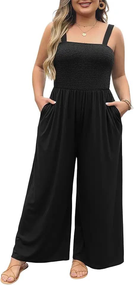 Eytino Plus Size Jumpsuit for Women Spaghetti Strap Sleeveless Overalls Stretchy Wide Leg Pants Long Rompers with Pockets