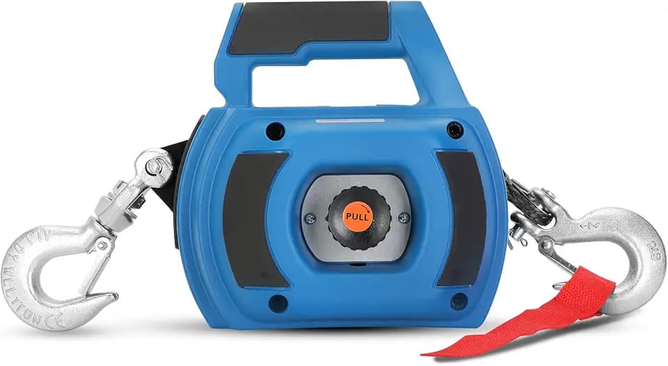 Portable Drill Winch of 1500 LB, Red Handheld Drill Winch with 40 Foot Synthetic Rope, Rotate The Hook 360 Degrees, for Lifting & Dragging (Blue)