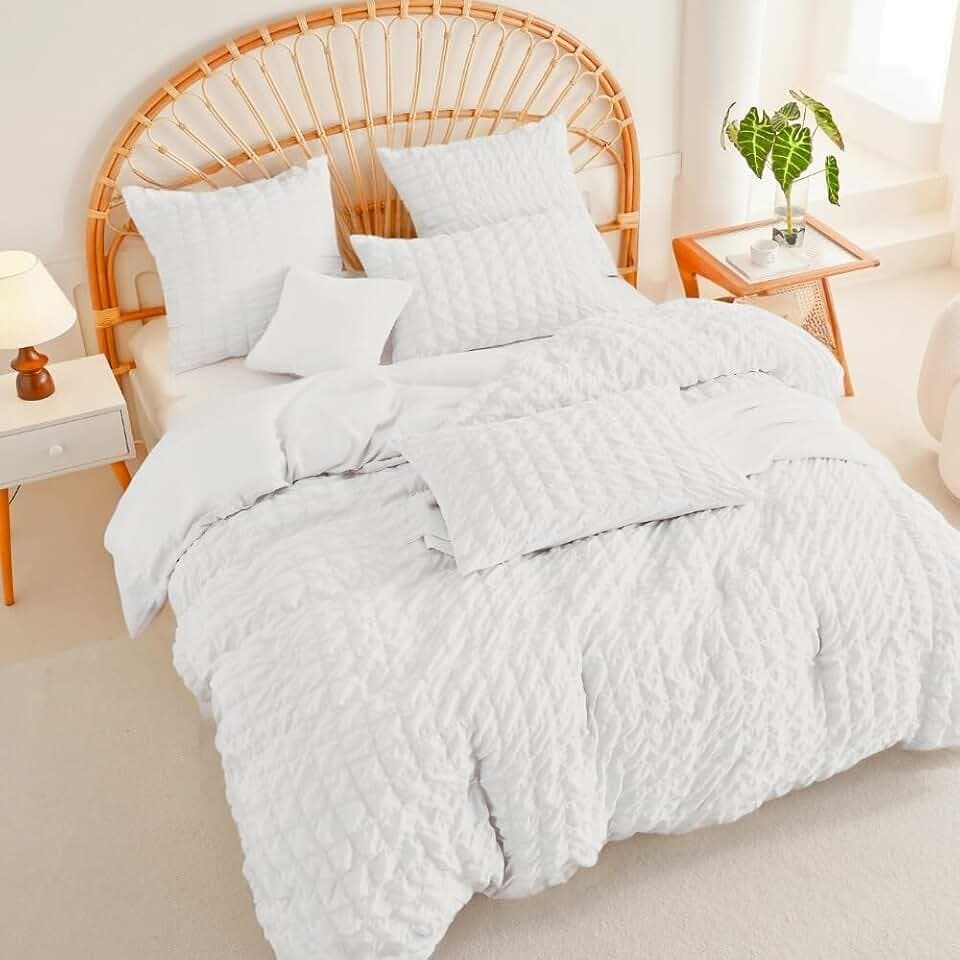 AShanlan Musselin Bettwäsche 155x220 Weiß Kariert Seersucker Musselin-Bettwäsche Set 2teilig Mädchen Aesthetic Weiss Microfaser Lustig Kühlende Bettbezug und 1 Kissenbezug 80x80 mit Reißverschluss