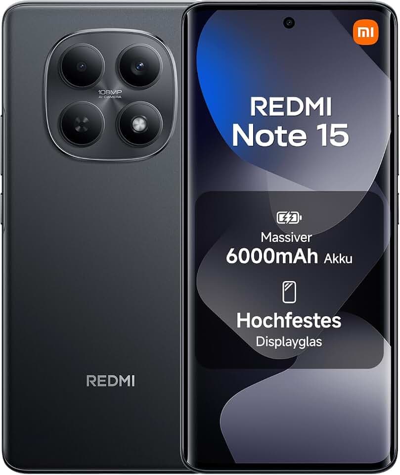XIAOMI Redmi Note 15 8+128GB, Unlocked, 6000mAh, 108MP Kamera, Wassergeschützt, 6,77" FHD+ Display, Schwarz, 2J Garantie