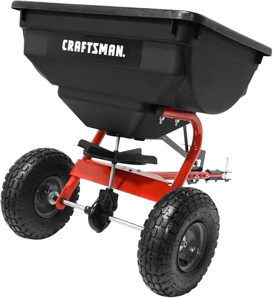 CRAFTSMAN Universal Tow Behind Broadcast Spreader for Seed, Fertilizer, and Ice Melt, 85 lb Capacity with Direct Rod Flow Control
