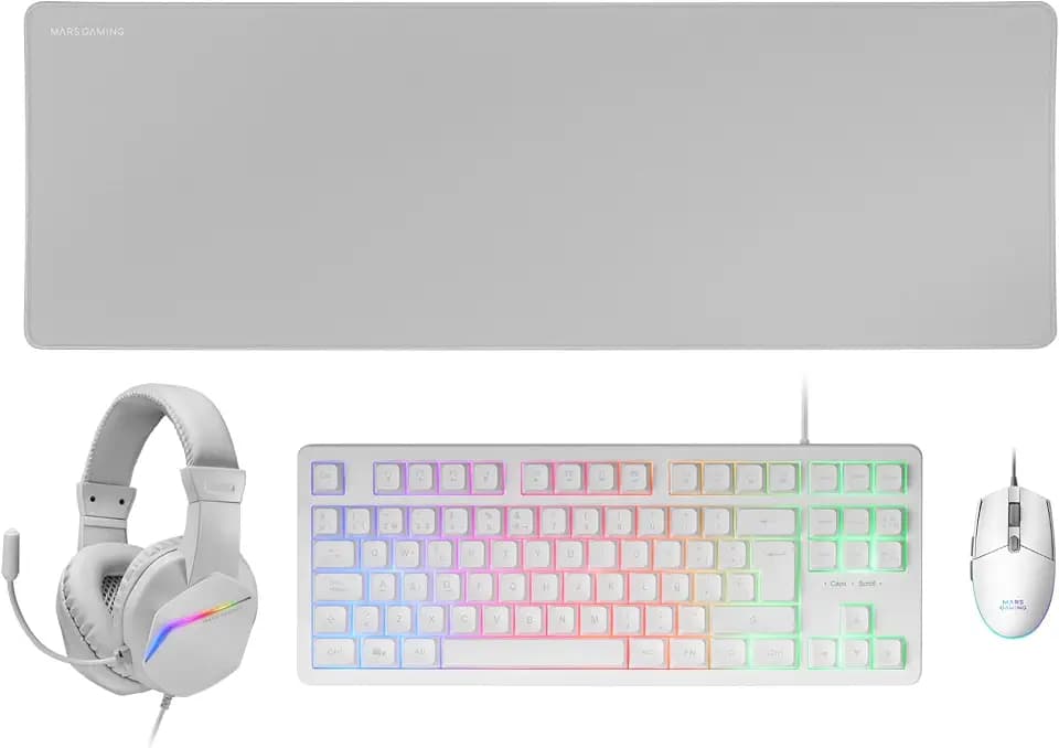Mars Gaming MCP-RGB3 Pack RGB Tastatur Fixed, Maus Flow 3200 DPI, Over-Ear Kopfhörer, XXL Matte, spanische Sprache, Weiß