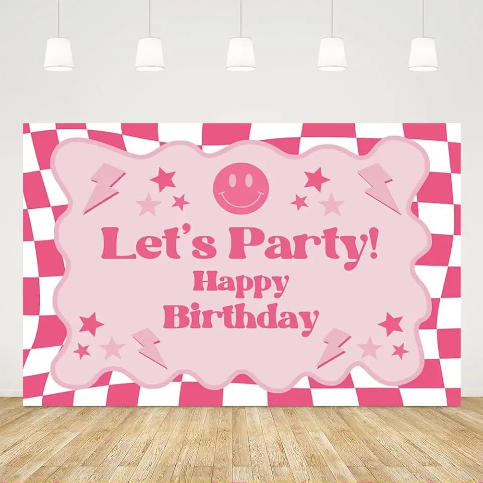 Ticuenicoa 5x3ft Hot Pink Smiling Face Birthday Party Backdrop Let's Party Preppy Extra Large Y2k Happy Birthday Background for Girls Cake Table Decoration Banner Photo Booth Props
