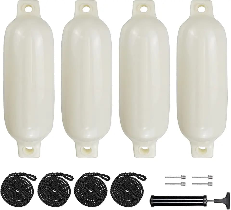 Boat Fenders 4Pack 4.5"/5.5."/6.5"/8.5" Inflatable Ribbed Marine Boat Fender with Fender Lines 6.5ft Needles and Pump for Twin Eyes Boat Fender Bumpers for Docking Fenders Use to Yacht Etc