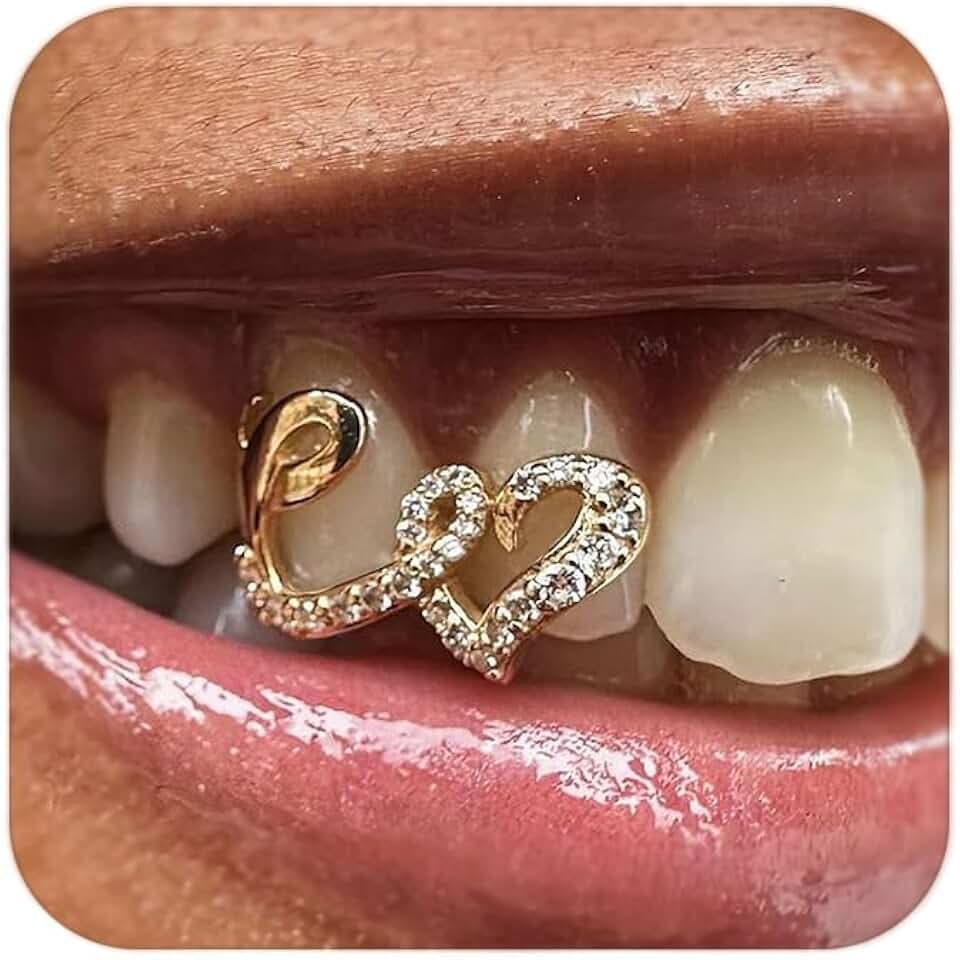 Longita Gold Grills for Your Teeth Grillz for Women Men Gold Tooth Cap Teeth Grillz for Women Golden Tooth Jewelry Hollow Out Heart Mouth Grills Men Hip Hop Outfits Custom Accessory Halloween Party