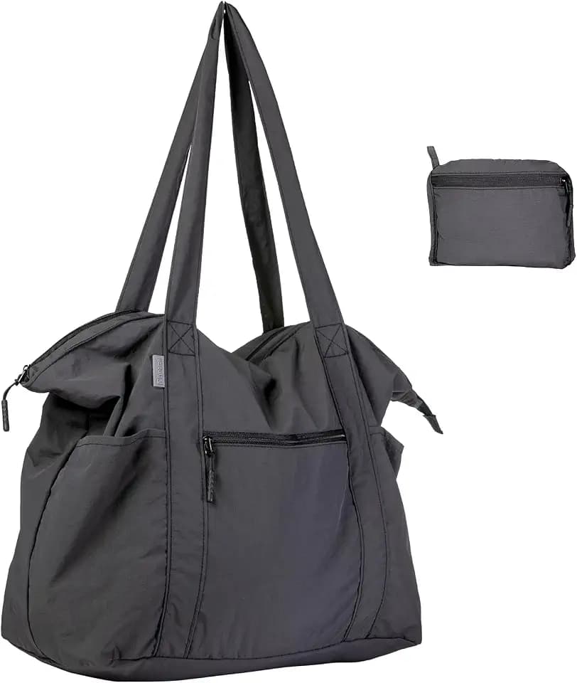 Ultra Light Packable Tote Bag Nylon for Travel, Lightweight Polyester Foldable Duffel Totes with Zipper, 25L Collapsible Compact Dark Grey