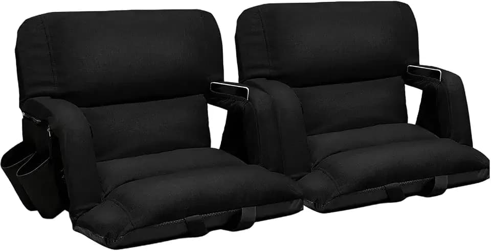 Stadium Seats with Back Support 2 Pack, 4.3" Thick Extra Wide Comfy Cushion 6 Adjustable Angle Bleacher Seat with Armrest, "Sofa Style" Design, Ultra-Strong Steel Frame, Multiple Pockets (Black, 25")
