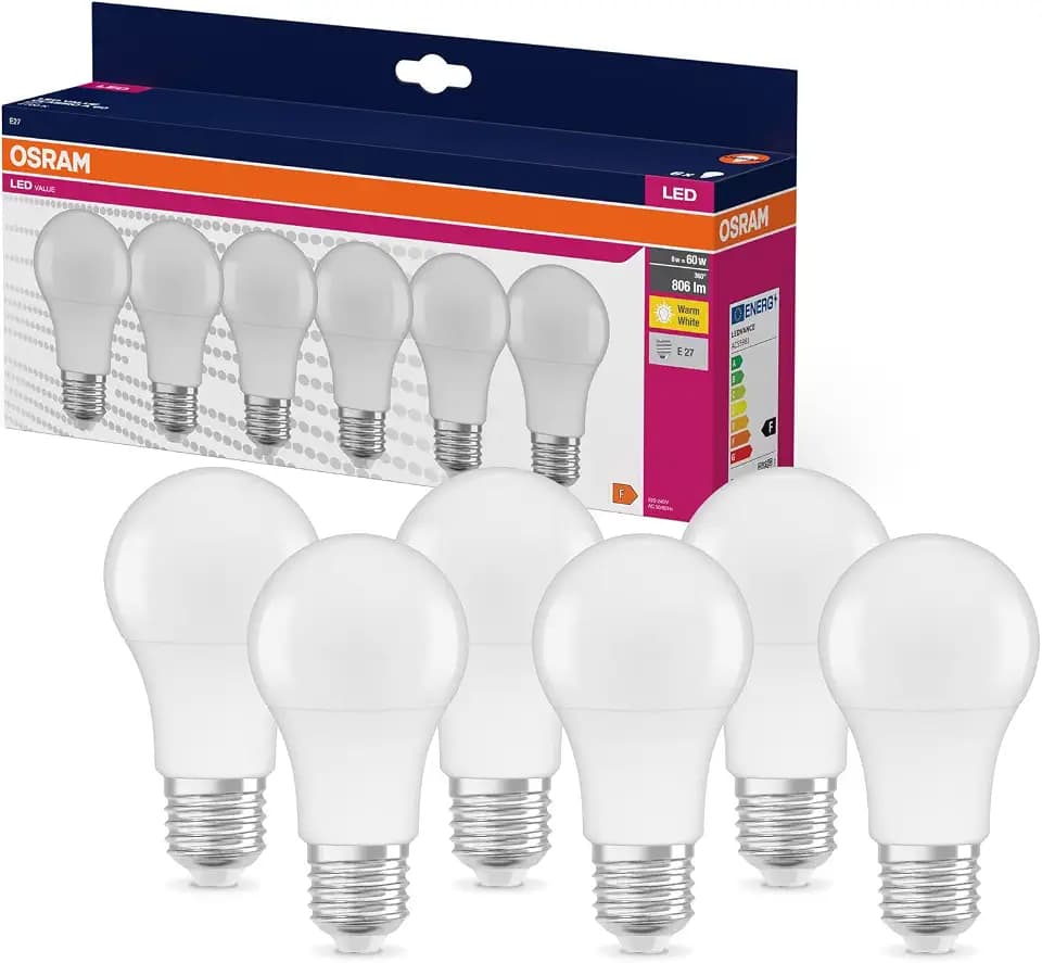 Osram LED Star VALUE A60, Vorteilspack mit 6 Leuchtmittel, ersetzt herkömmliche 60W Glühbirnen, warmweiß (2700K), 8W, E27 Sockel, matt, nicht dimmbar