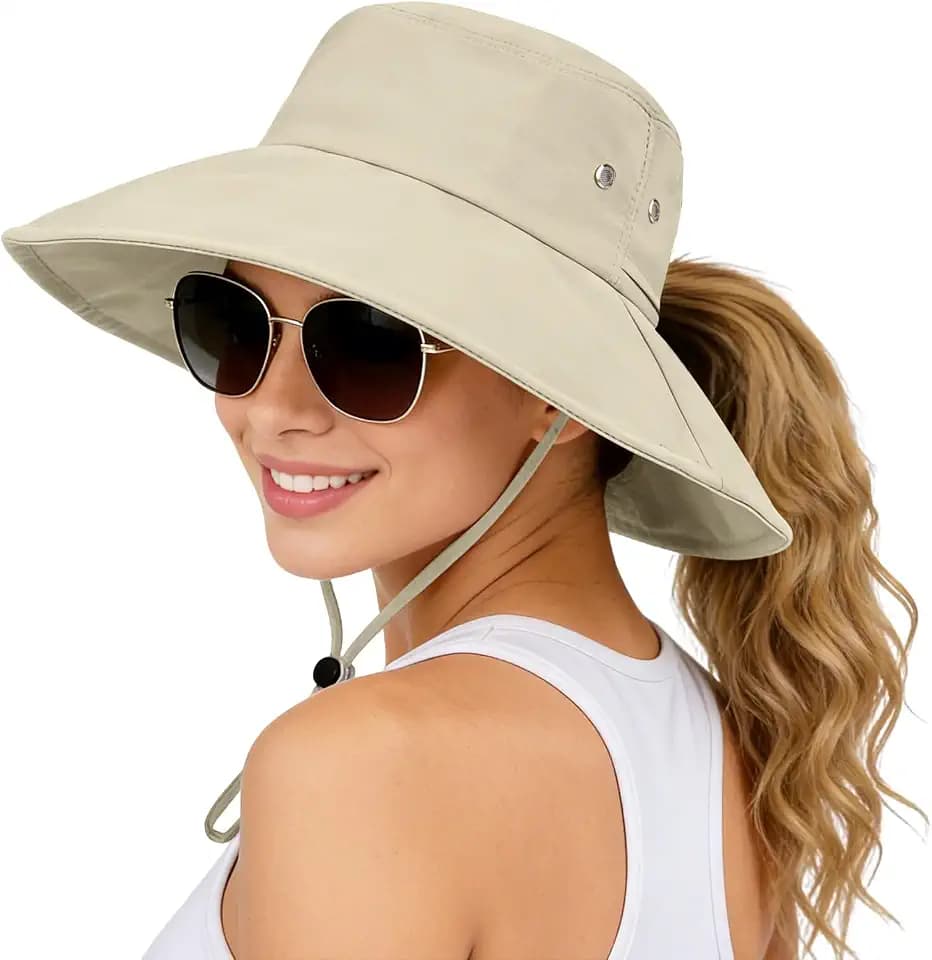 Womens Sun Hat with Ponytail Hole Floppy Wide Brim UPF 50+ Bucket Hat
