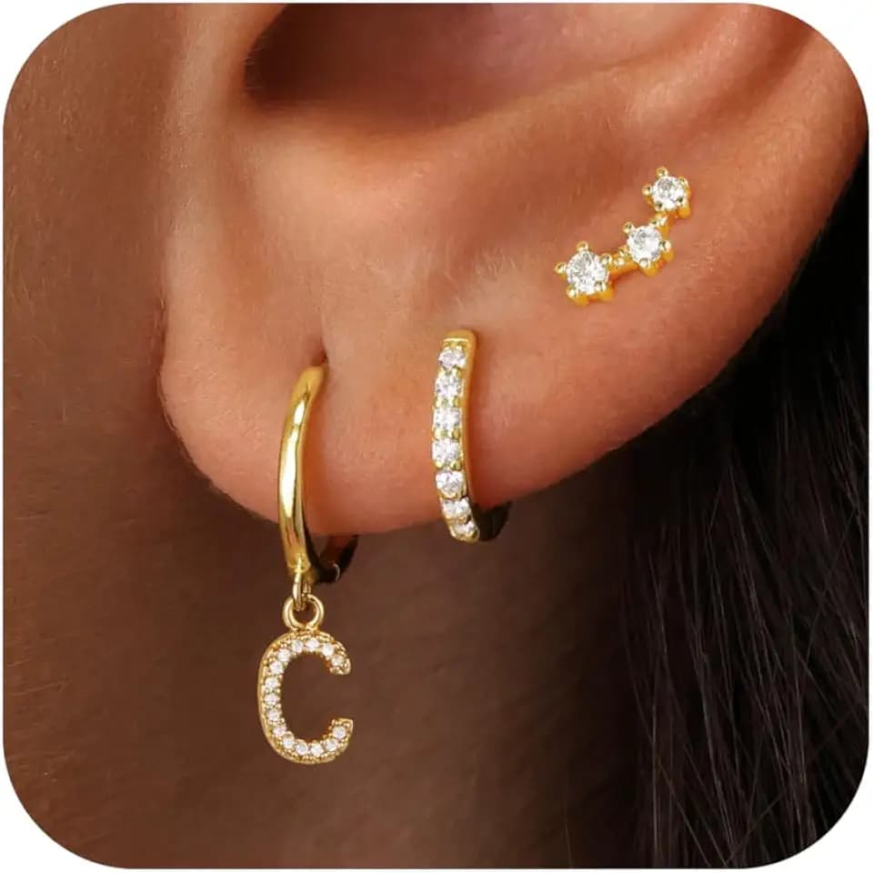 Gold Earrings for Women - 3 Pairs Initial Earrings for Girls Gifts