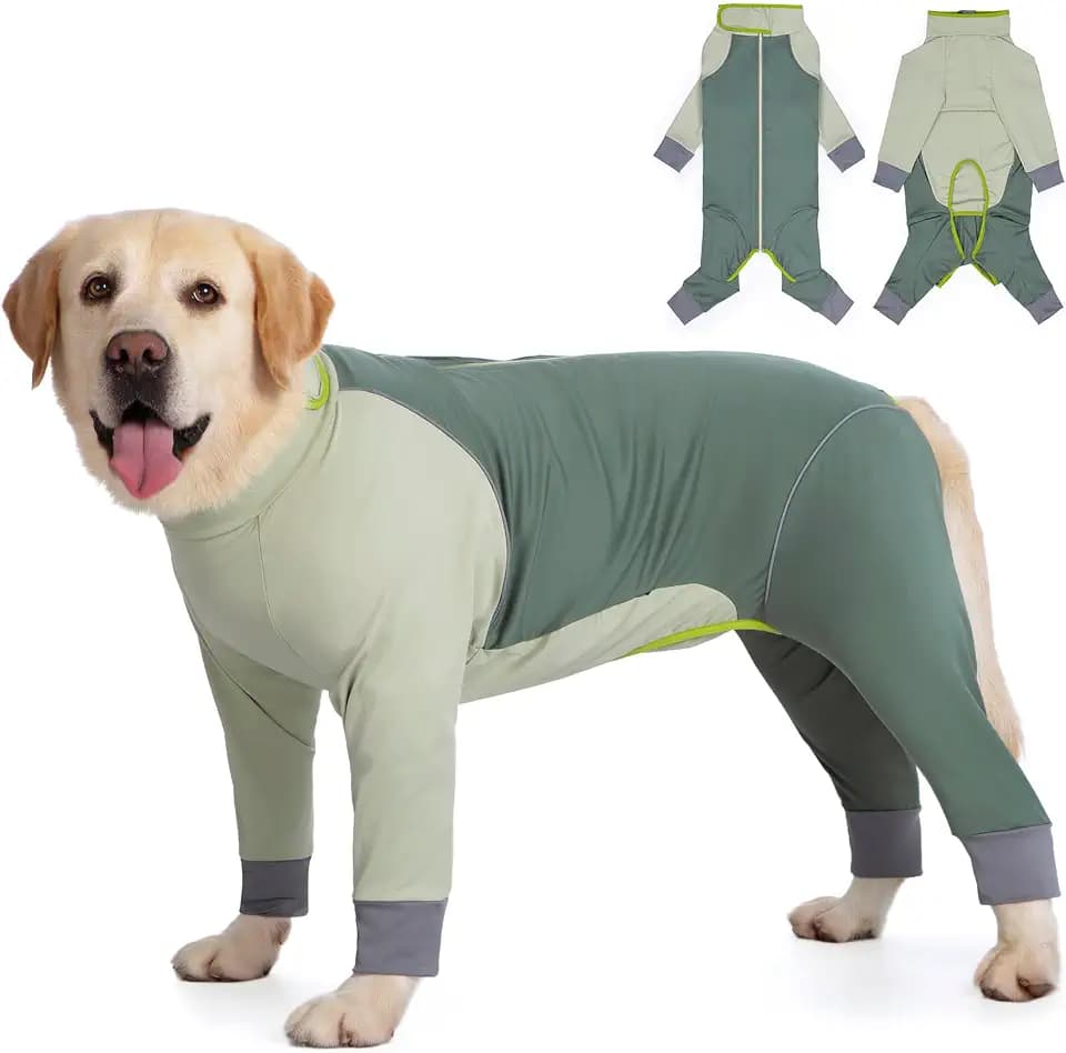 Dog Onesie Coat - Water-Repellent & Stretchable, Dirt-Resistant Outdoor Puppy Suit with Reflective Strips | Controls Shedding (Olive Green, 4XL(Weight 50-70 Lbs))
