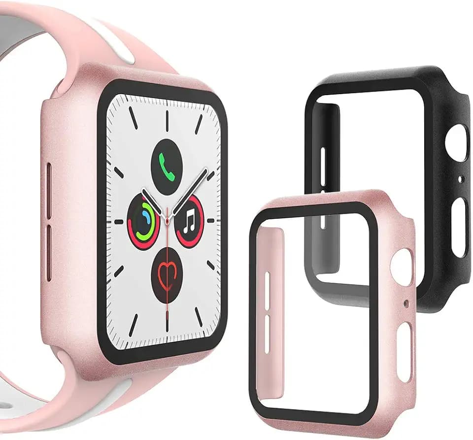 [2-Stück] Hülle Kompatibel mit Apple Watch 4/5 44mm mit Displayschutz, PC+Schutzhülle Weiche Ultra dünne TPU, Schwarz+Roségold