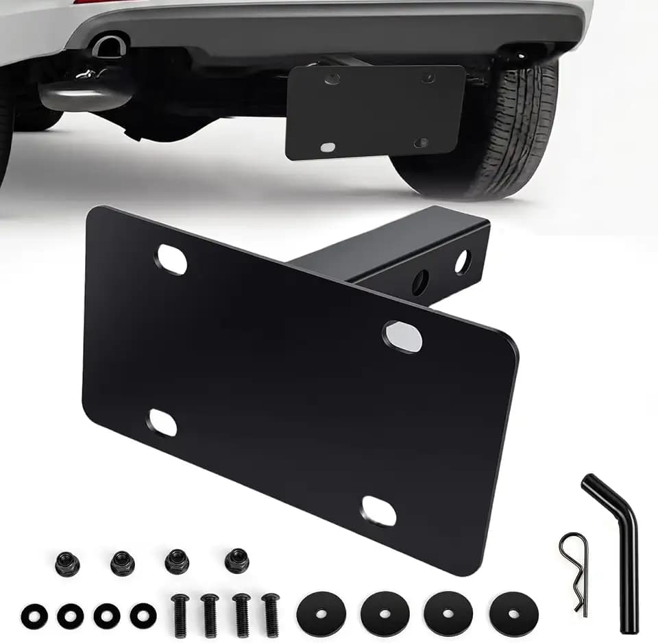 Hitch License Plate Holder, Front & Rear Mount Bracket for 2" Trailer Hitch Receivers, Heavy Duty Carbon Steel, No Drill, Compatible with Trucks, SUVs & RVs, All Black