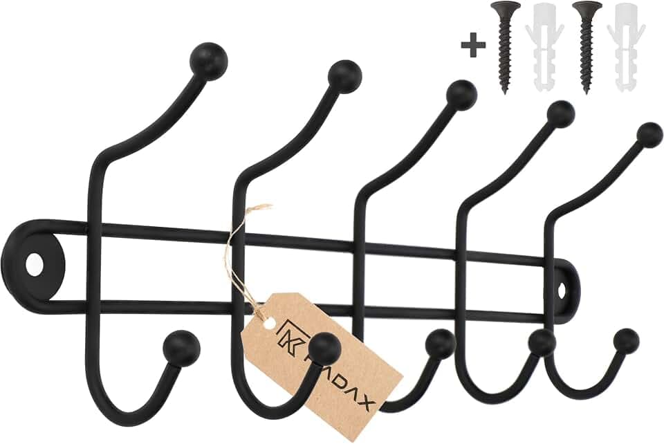KADAX Wandgarderobe, Garderobenhaken, Hakenleiste, Doppelhaken, Kleiderhaken, Garderobenleiste, Wandhaken aus Stahl, Bademantelhaken, Handtuchhaken, matt, schwarz (5 Haken)
