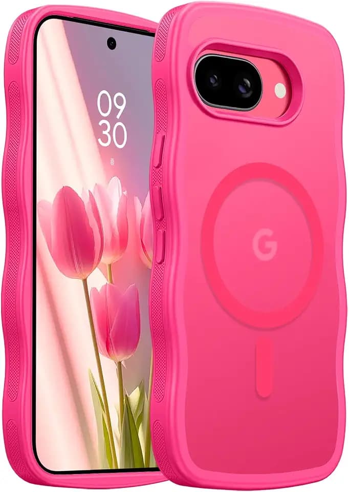 BENTOBEN for Google Pixel 9a Case [Compatible with MagSafe] Cute Curly Wavy Anti-Slip Bumper Magnetic Matte Slim Thin Soft Women Girls Boys Protective Phone Cover for Google Pixel 9a 6.3", Hot Pink