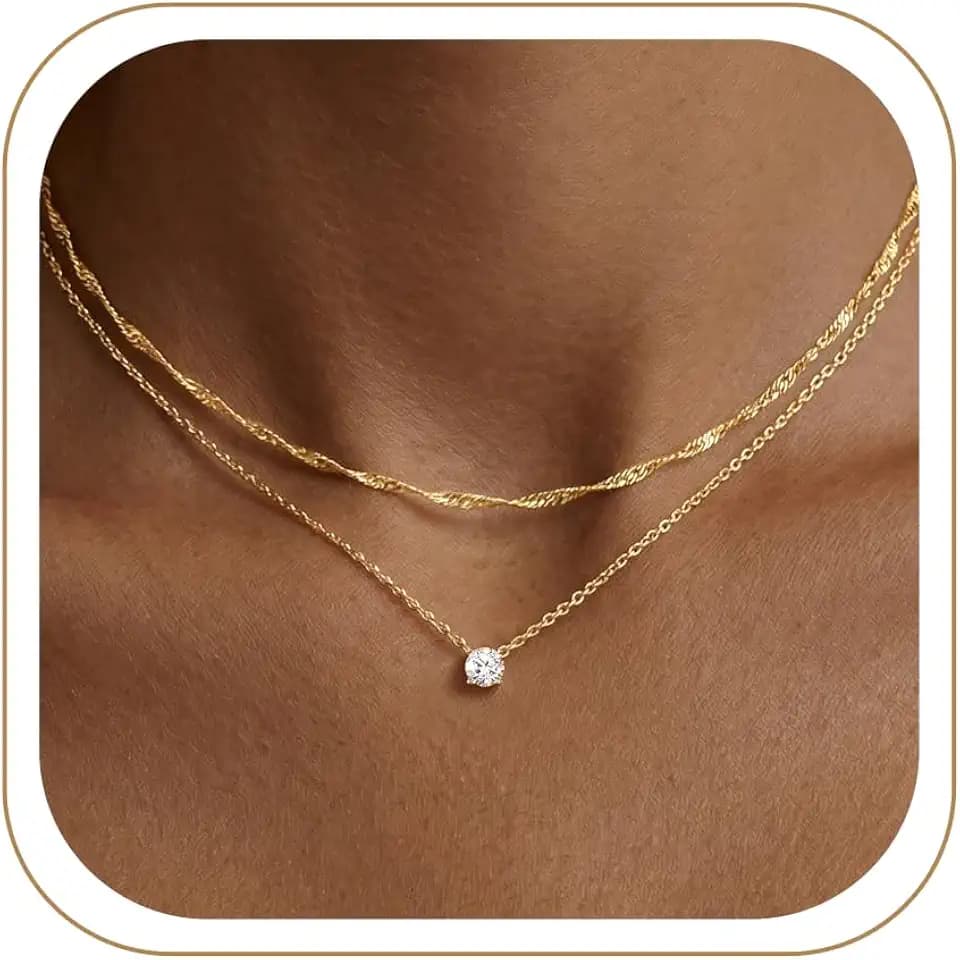 Poxtex Dainty Necklaces for Women Set, Layered 14K Gold Silver Plated Choker Chain Simple Pendant Necklace Stackable, Trendy Prom Jewelry Gifts for Women
