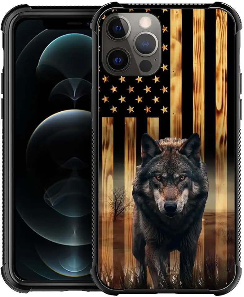 DAIZAG Compatible with iPhone 12 Pro Max Case,All-Round Protection Shockproof Anti-Scratches TPU Cover,Cases for Man Woman-Wolf American Wood Grain Flag