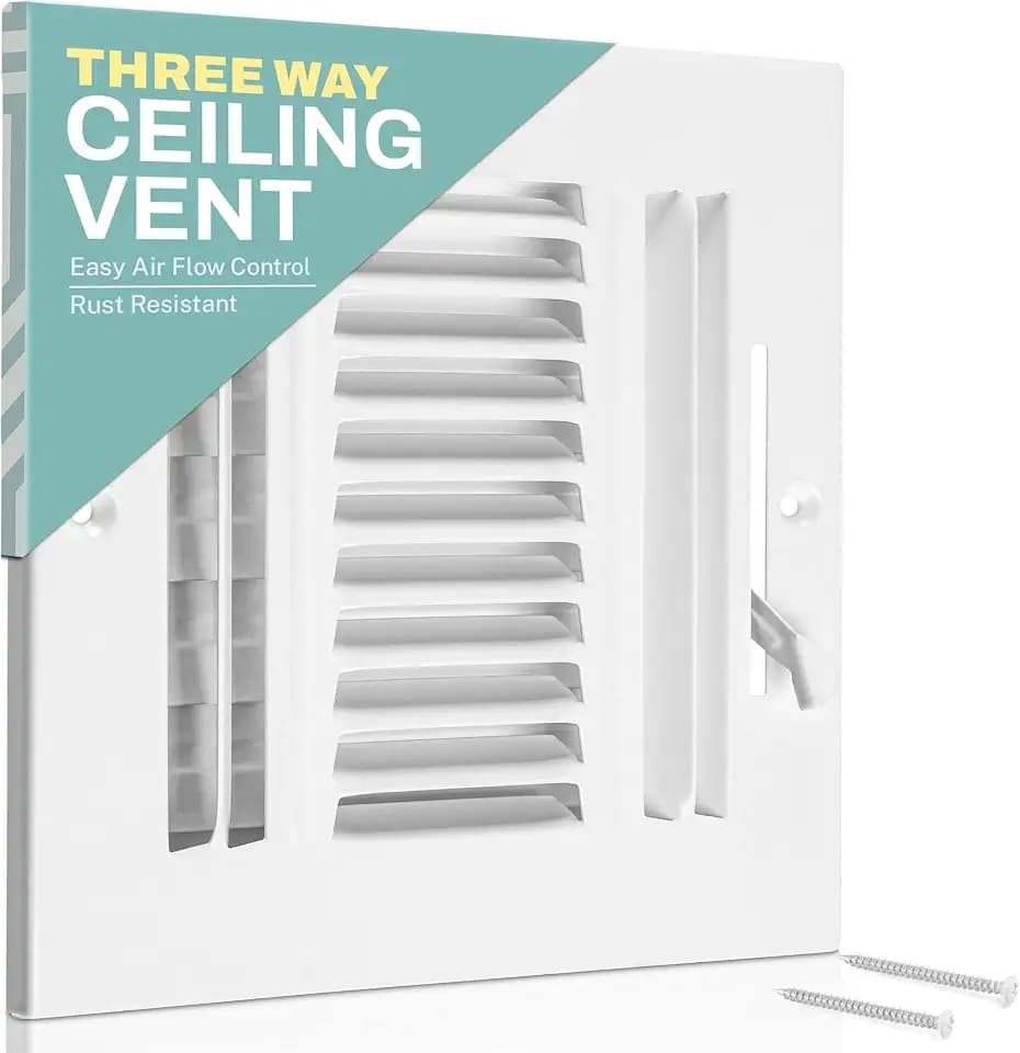 Ceiling Register - Air Vent Covers for Home Ceiling or Wall - 10X8 Inch (Duct Opening) 3-Way White Grille Register Cover with Adjustable Damper for HVAC Heat and Cold Air Conditioner