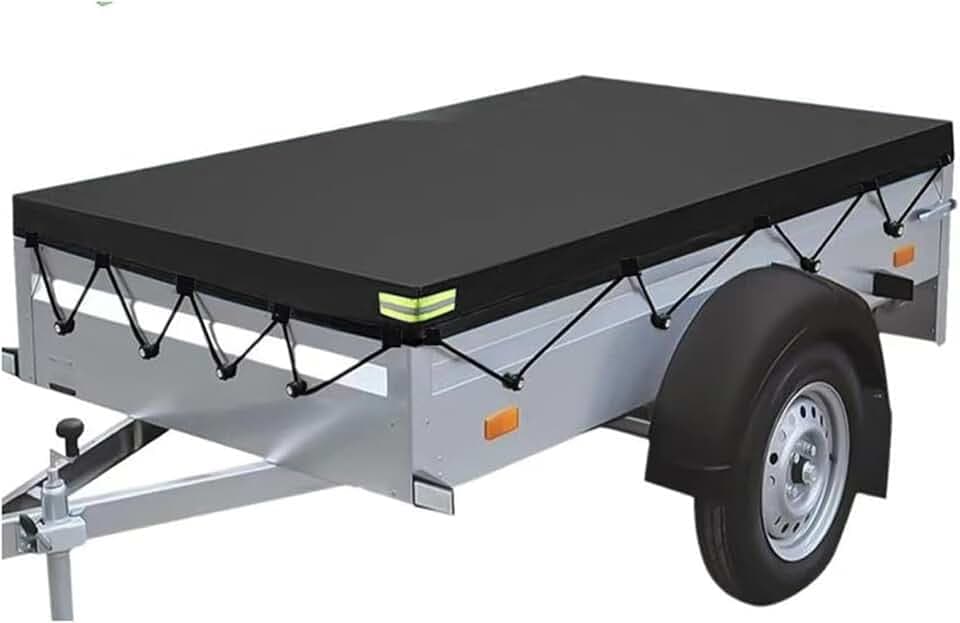 Anhängerplane Flachplane 214 x 122 x 13 cm Anhängerabdeckung PVC wasserdichte & reißfeste mit Planenseil Reflexstreifen Ösen für Stema BÖckmann PKW Hänger 750 kg
