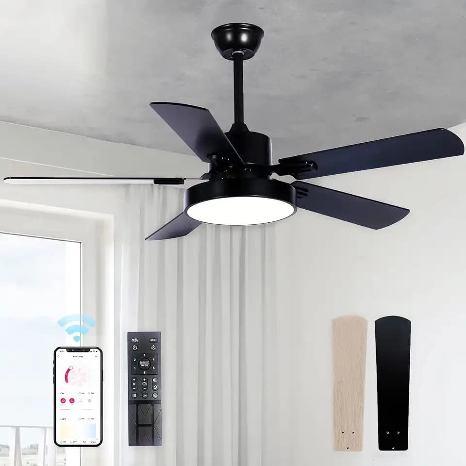STERREN 52 Inch Ceiling Fans with Lights, Black Modern Low Profile Flush Mount Ceiling Fan with Lights Remote Control, Large Wood Smart LED Ceiling Fan for Farmhouse Garage