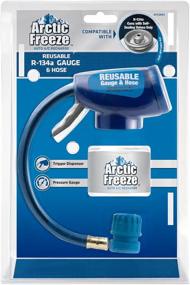 A/C Pro Arctic Freeze Car Air Conditioner Refrigerant Gauge and Hose, Reusable AC Recharge Kit Compatible with R-134A Cans with Self Sealing Valves, A/C Pro