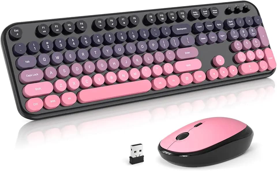 Atelus Wireless Keyboard Mouse Combo, Typewriter Full Size Keyboard with Number Pad and 2 in 1 USB Connected Mouse for PC Computer Laptop Desktop Windows 7 8 10 11 (Berry Pink)