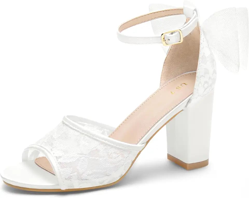 Perphy Women's Lace Open Toe Bow Chunky Block Heel Party Wedding Sandals
