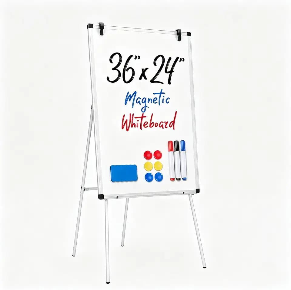 OLIXIS 36" x 24" Magnetic White Board with Stand, Standing Dry Erase Board, Whiteboard with 1 Dry Eraser & 2 Multicolor Markers & 4 Magnetic Pins, Aluminium Frame for Home, School, Office, White