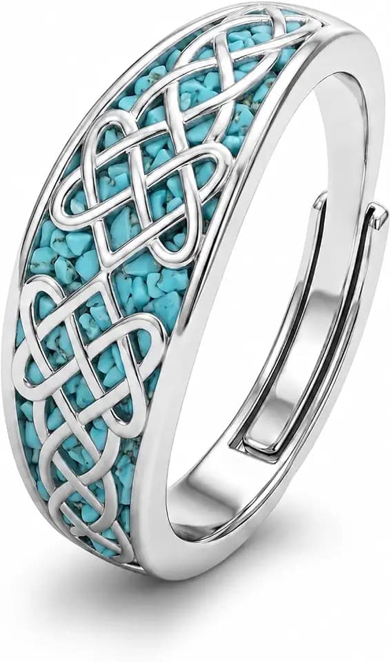 Turquoise Ring 18K White Gold Plated Celtic Ring Triquetra Knot Jewelry Boho Gifts for Women Christmas