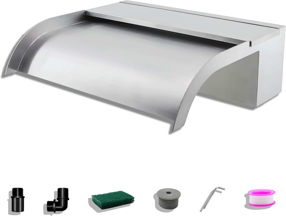 Teich Wasserfallklingen Set, 30 cm Edelstahl Poolfontäne mit Zubehör, Breite 18 cm Gebogene Auslauf Spritzwand für Garten Patio Teichdekoration