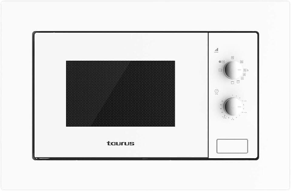 Taurus MO20WHM Einbau-Mikrowelle, 20 l Fassungsvermögen, 800 W, Grill 1000 W, 5 Leistungsstufen, 3 Kombinationen Grill+Kochen, Auftaufunktion, Timer bis zu 35 Minuten, einfache Installation
