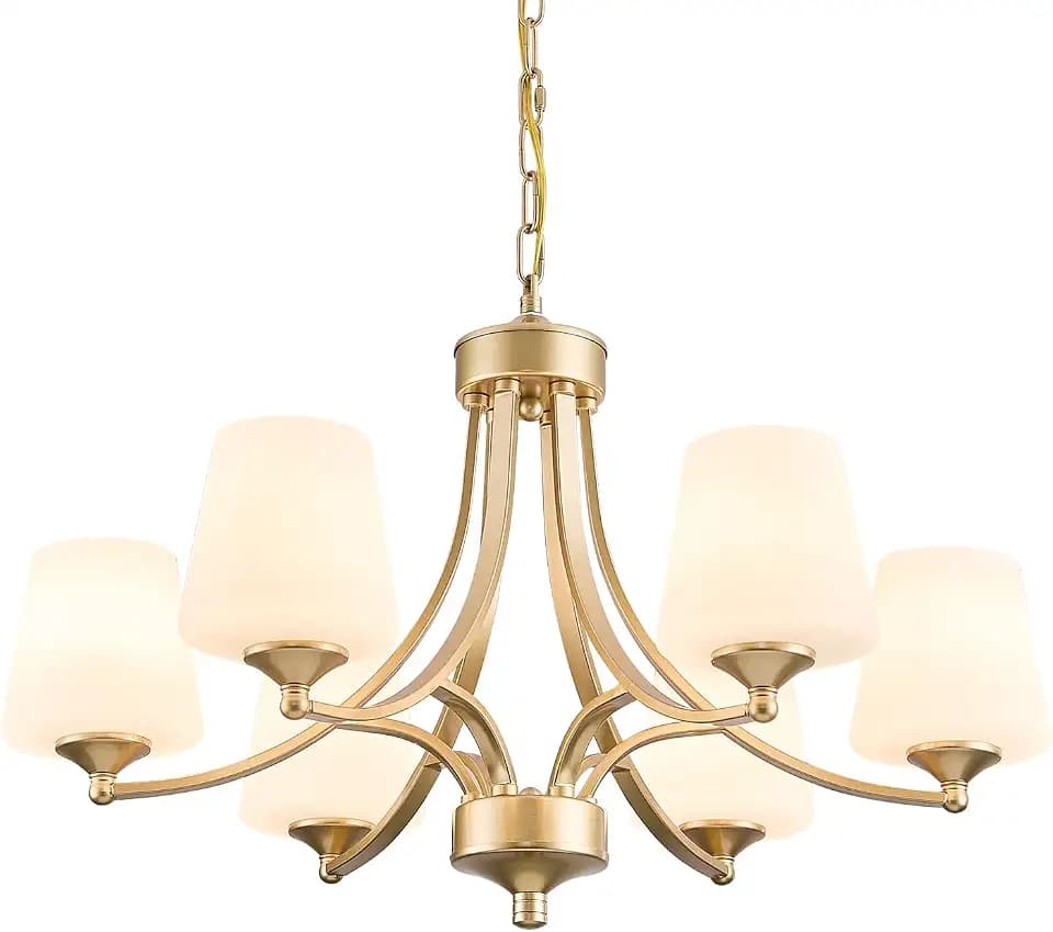 6-Light Modern Gold Chandeliers for Dining Room 47.2'' Adjustable Height Farmhouse Pendant Light with Frosted Glass Shades,Gold Round Chandeliers Hanging Lamp for Kitchen Island Dining Table Entryway