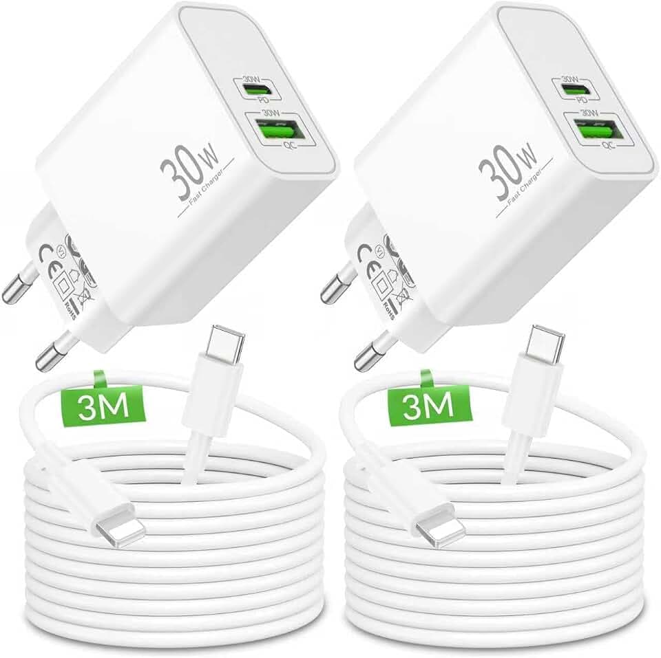 30W 2-Port Schnellladegerät und 3M Lang Ladekabel für iPhone 14 13 12 11