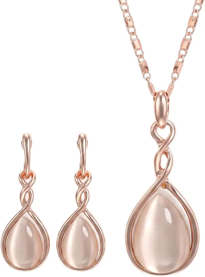 Amabro Teardrop Pendant Rose Gold Necklaces Earrings Jewelry Sets for Women