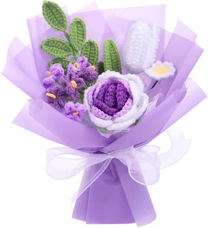 Crochet Flowers Bouquet: Completed Handmade Knitted Rose Tulip Forget Me Not (Purple)