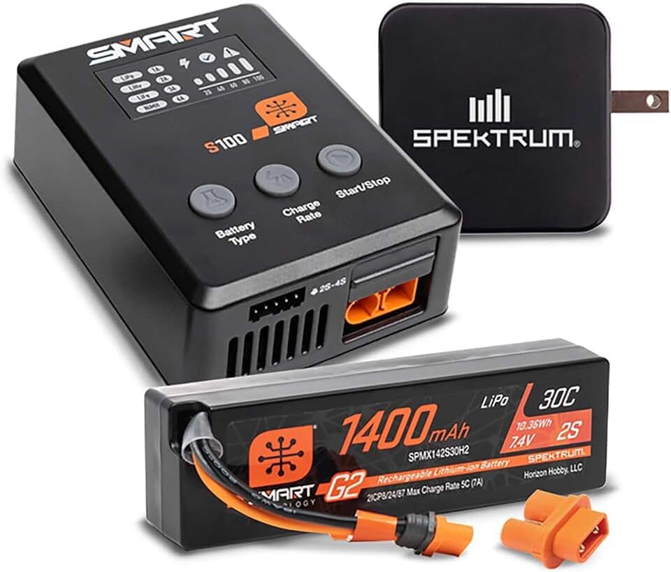 Spektrum Accessories Smart Powerstage Bundle: 1400mAh 2S 30C LiPo Battery (IC2) / S100 Charger / 65W Power Block/Adapter, SPMXPSS215