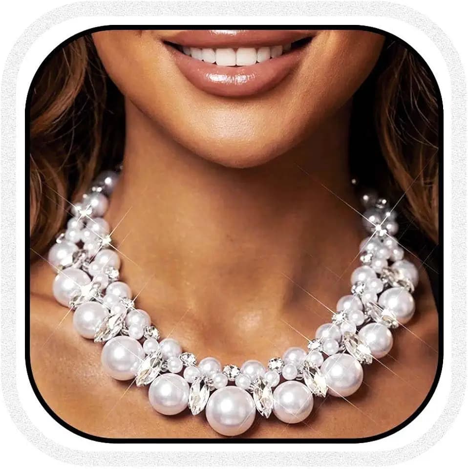 Silver Chunky Pearl Choker Necklaces Rhinestone Jewelry for Women