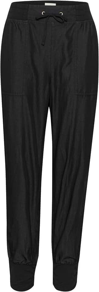 Cream Damen Women's Pants Cuffed Joggers High-Waisted Elastic Drawstring Waistband Hose, Pitch Black,
