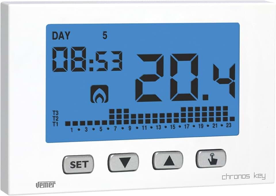VEMER VE725800 CHRONOS KEY - Digital Heizungsthermostat, Raumthermostat mit LCD-Anzeige, Tastatur mit 4 Tasten, Wöchentliche Programmierung, Stromversorgung mit Batterien, Weiß