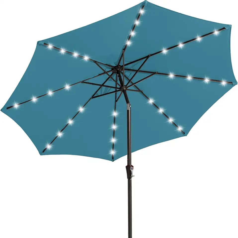 JEAREY 9' Patio Umbrella with Solar Lights, LED Umbrella, Lake Blue