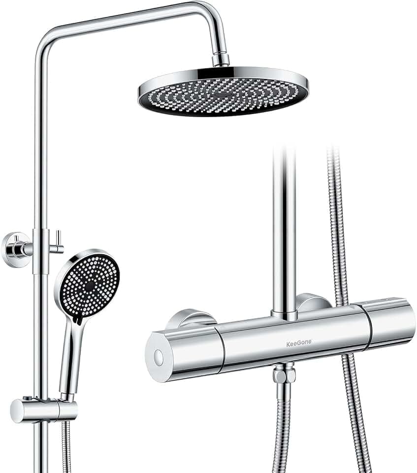 Duschsystem mit Thermostat Edelstahl Regendusche 25cm Handbrause 3 Strahlarten Duscharmatur Komplettset Höhenverstellbar mit Anti-Verbrühungsschutz Wassersparend Einfach Installieren