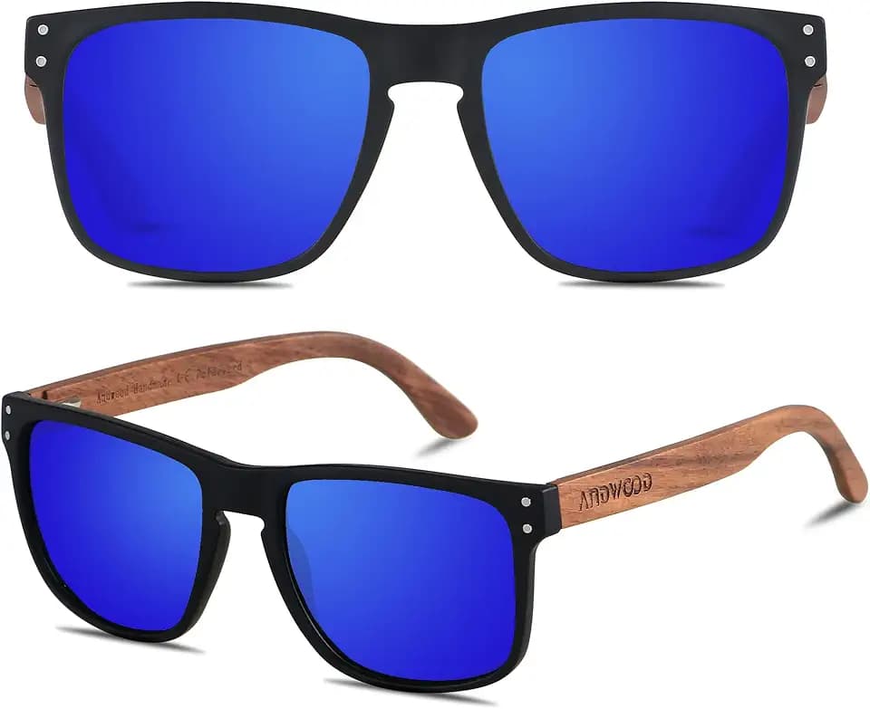 ANDWOOD Mens Sunglasses Polarized UV Protection Wooden Frame Beach Sun Glasses Womens Square Wood Shades