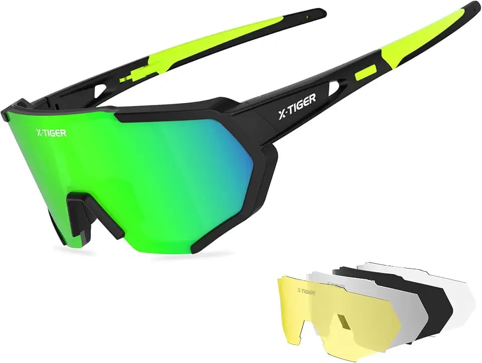 X-TIGER Fahrradbrille, Herren Damen Sportbrille, UV400 mit 5 Wechselgläser | Robuster TR90 Rahmen, mit montierbarem Brillenband & Ohrhaken Sonnenbrille Outdoor/Radfahren/Laufen/Autofahren/Angeln/Golf