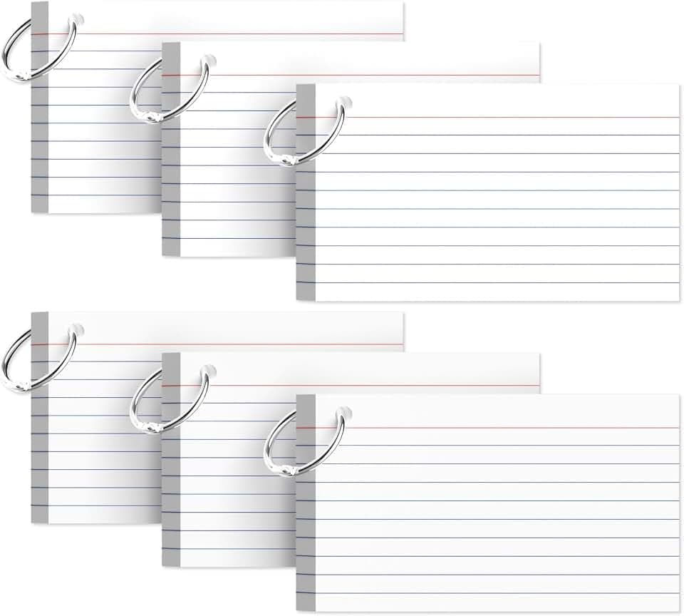 300 Count Index Cards with Ring, 3x5 Inch, 6-Pack of White Ruled Pads, 50 Sheets per Pad, Study & Flash Card School Supplies for Students & Professionals